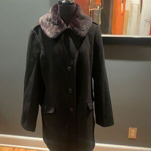 Talbots black wool blend detachable faux fur collar coat, size 14